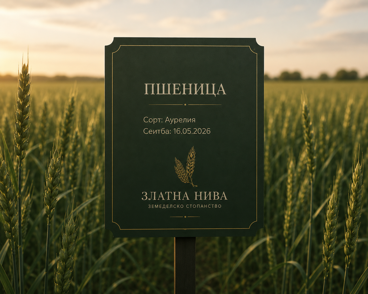 Емайлирана полева табела с надпис ПШЕНИЦА, забита в края на житно поле
